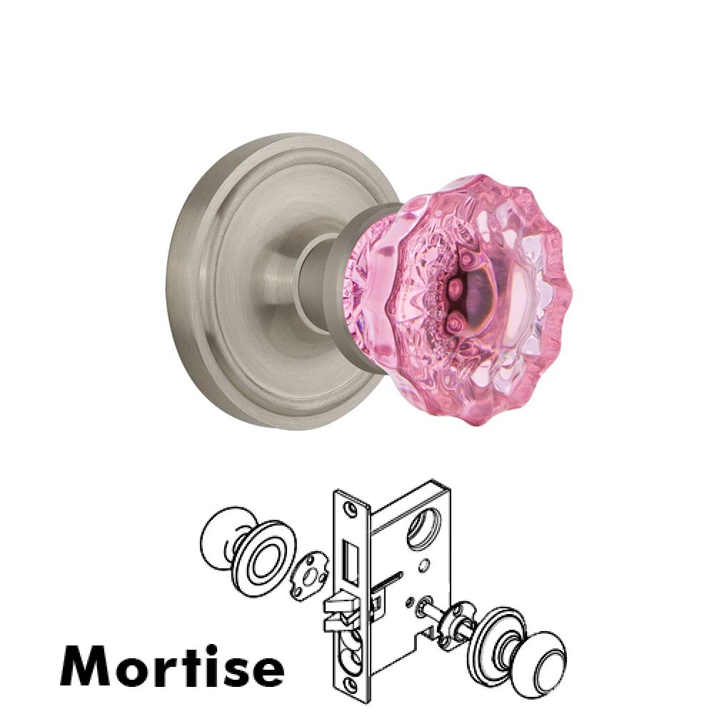 Nostalgic Warehouse - Mortise - Classic Rose Crystal Pink Glass Door Knob in Satin Nickel