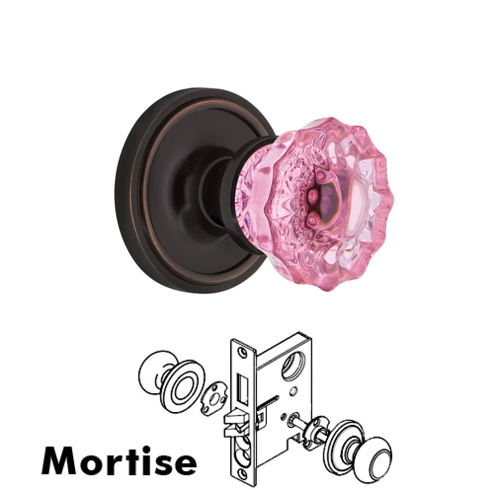 Nostalgic Warehouse - Mortise - Classic Rose Crystal Pink Glass Door Knob in Timeless Bronze