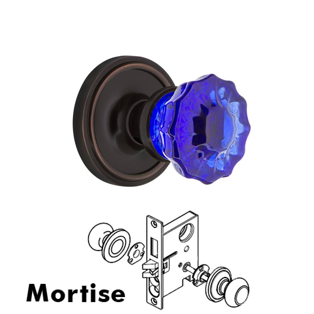 Nostalgic Warehouse - Mortise - Classic Rose Crystal Cobalt Glass Door Knob in Timeless Bronze