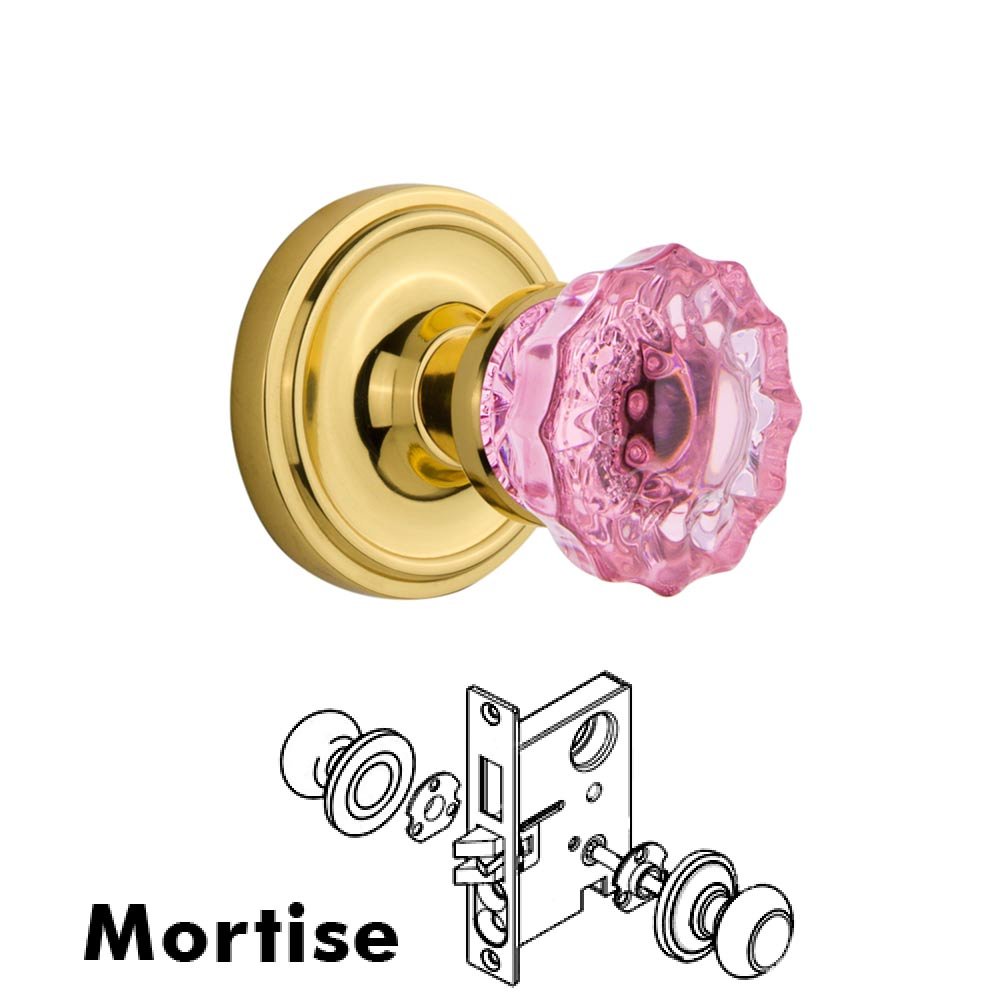 Nostalgic Warehouse - Mortise - Classic Rose Crystal Pink Glass Door Knob in Unlaquered Brass