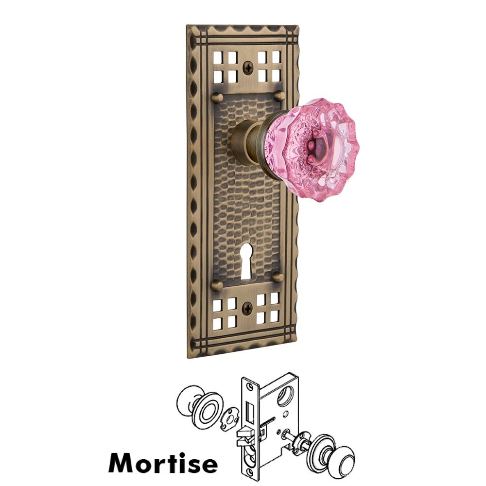 Nostalgic Warehouse - Mortise - Craftsman Plate Crystal Pink Glass Door Knob in Antique Brass