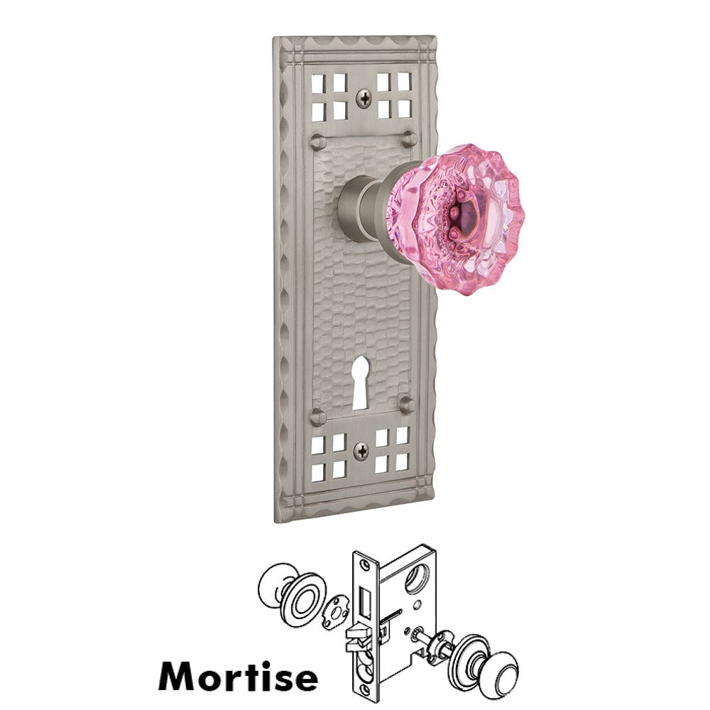 Nostalgic Warehouse - Mortise - Craftsman Plate Crystal Pink Glass Door Knob in Satin Nickel