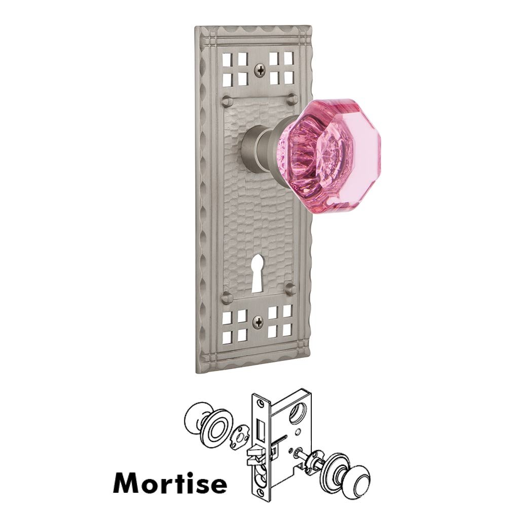 Nostalgic Warehouse - Mortise - Craftsman Plate Waldorf Pink Door Knob in Satin Nickel
