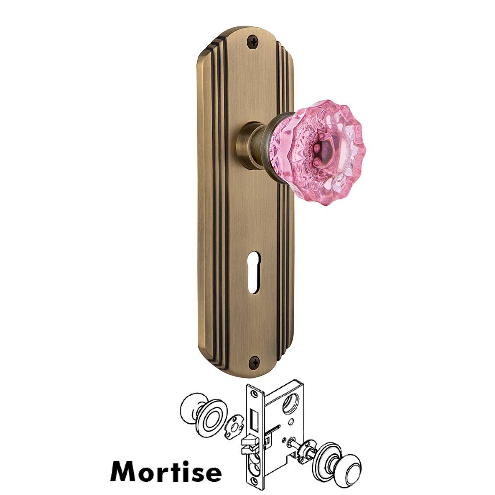 Nostalgic Warehouse - Mortise - Deco Plate Crystal Pink Glass Door Knob in Antique Brass