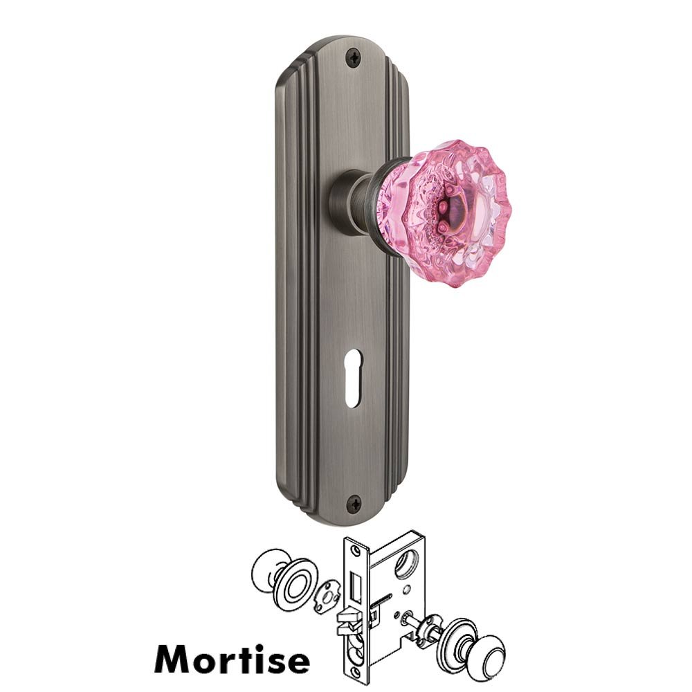 Nostalgic Warehouse - Mortise - Deco Plate Crystal Pink Glass Door Knob in Antique Pewter