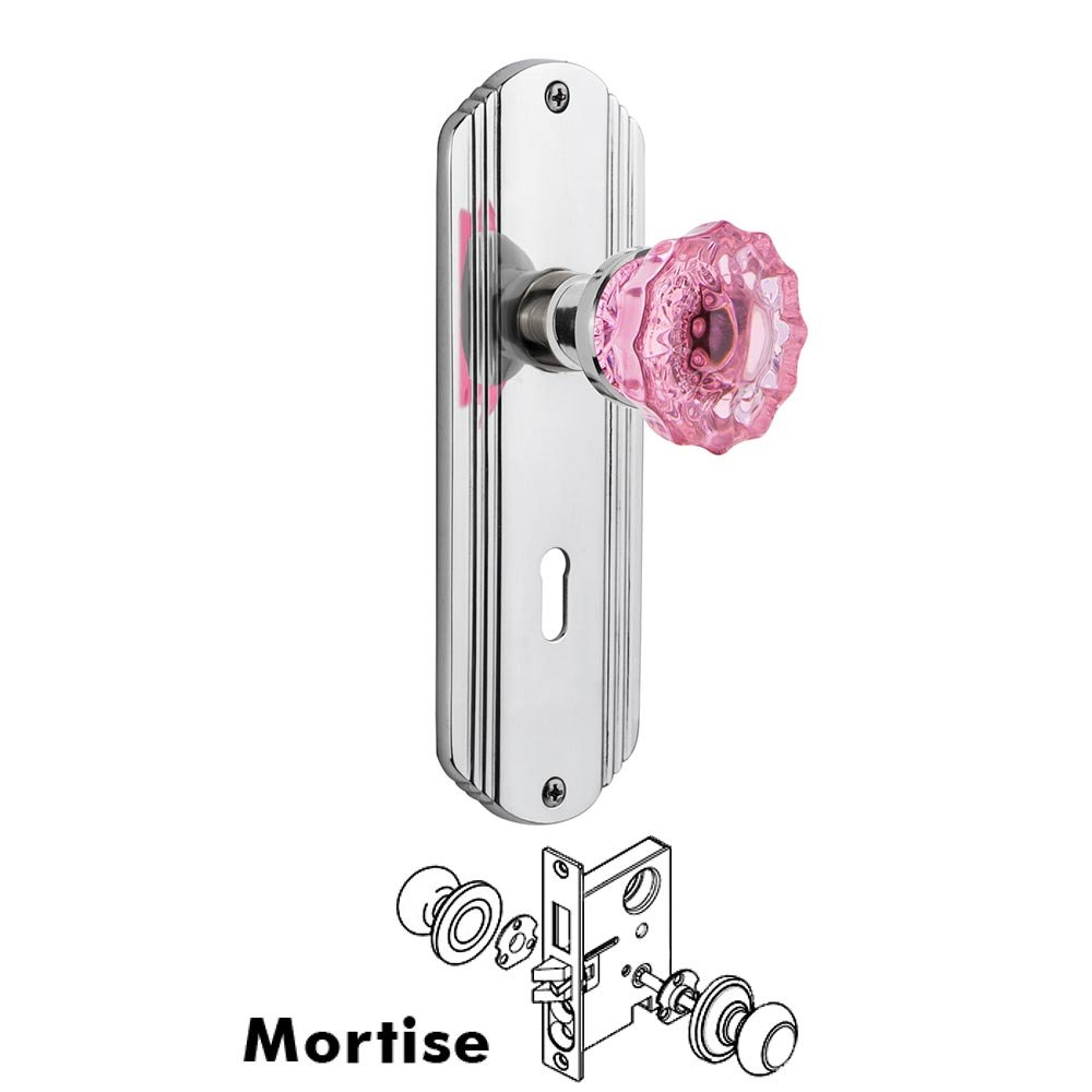 Nostalgic Warehouse - Mortise - Deco Plate Crystal Pink Glass Door Knob in Bright Chrome