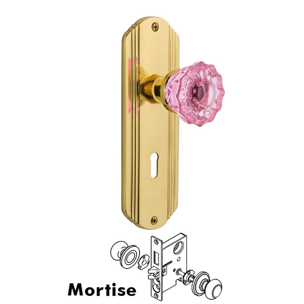 Nostalgic Warehouse - Mortise - Deco Plate Crystal Pink Glass Door Knob in Polished Brass
