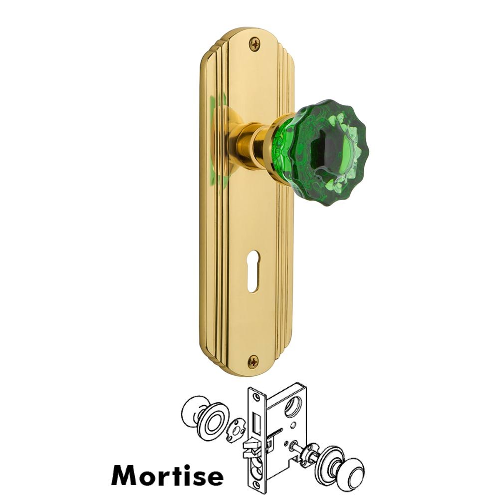 Nostalgic Warehouse - Mortise - Deco Plate Crystal Emerald Glass Door Knob in Polished Brass