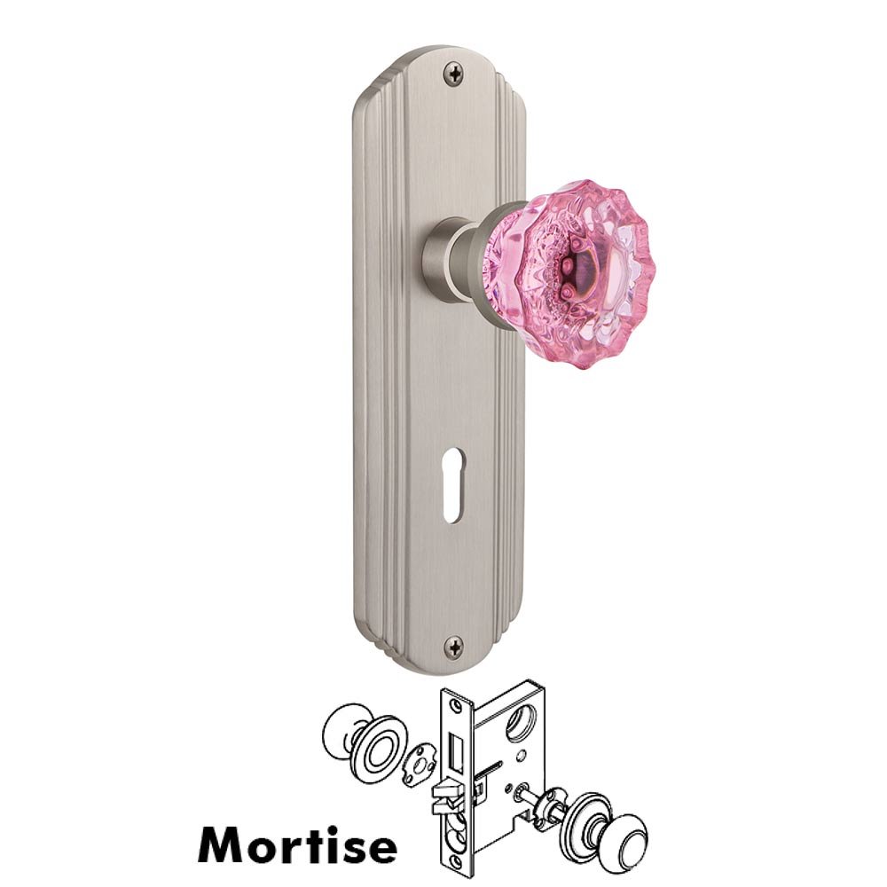 Nostalgic Warehouse - Mortise - Deco Plate Crystal Pink Glass Door Knob in Satin Nickel