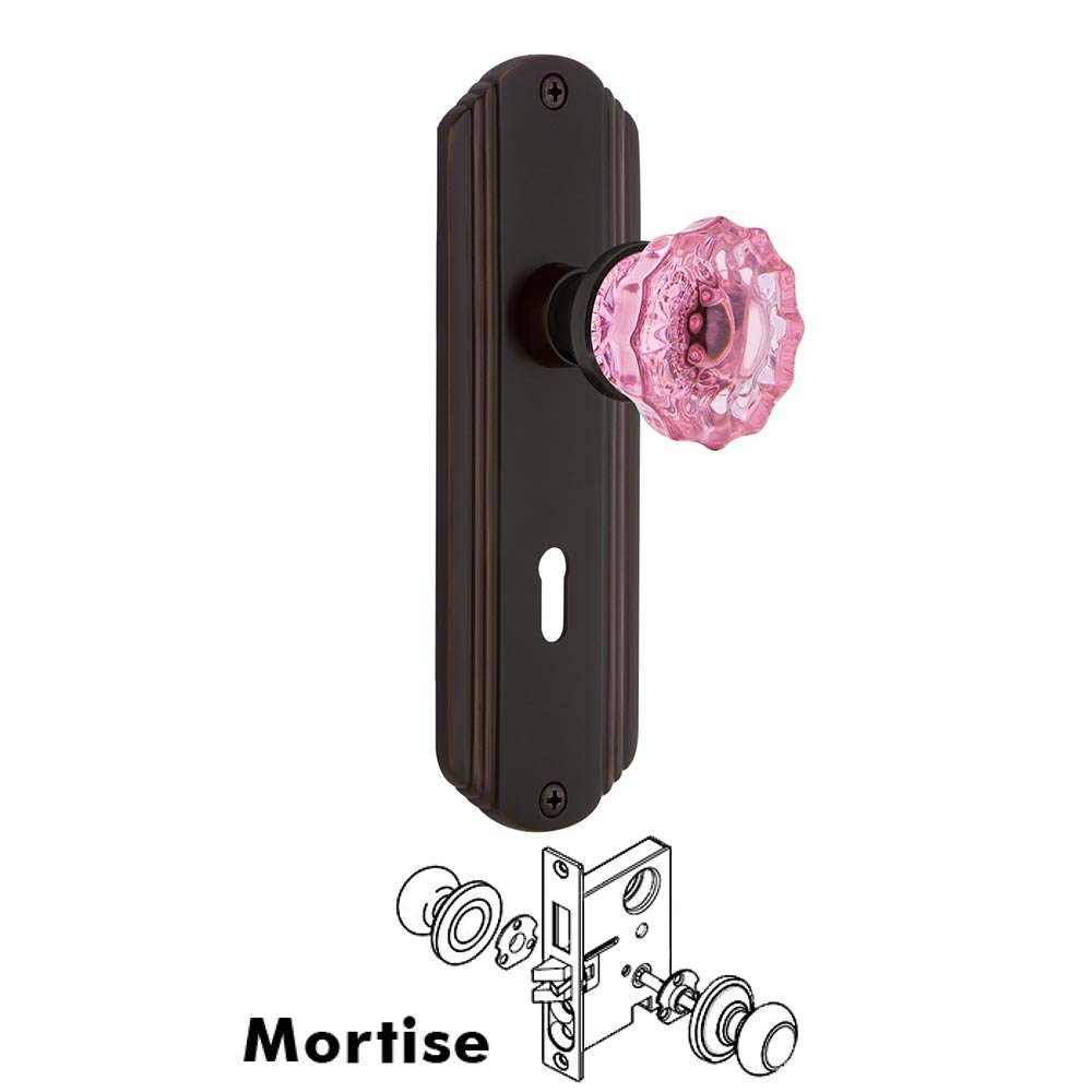 Nostalgic Warehouse - Mortise - Deco Plate Crystal Pink Glass Door Knob in Timeless Bronze