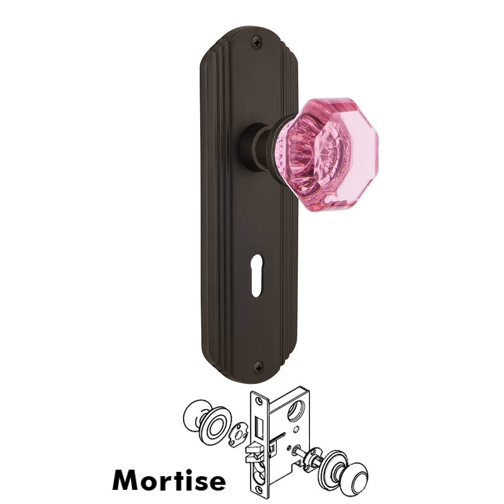 Nostalgic Warehouse - Mortise - Deco Plate Waldorf Pink Door Knob in Oil-Rubbed Bronze
