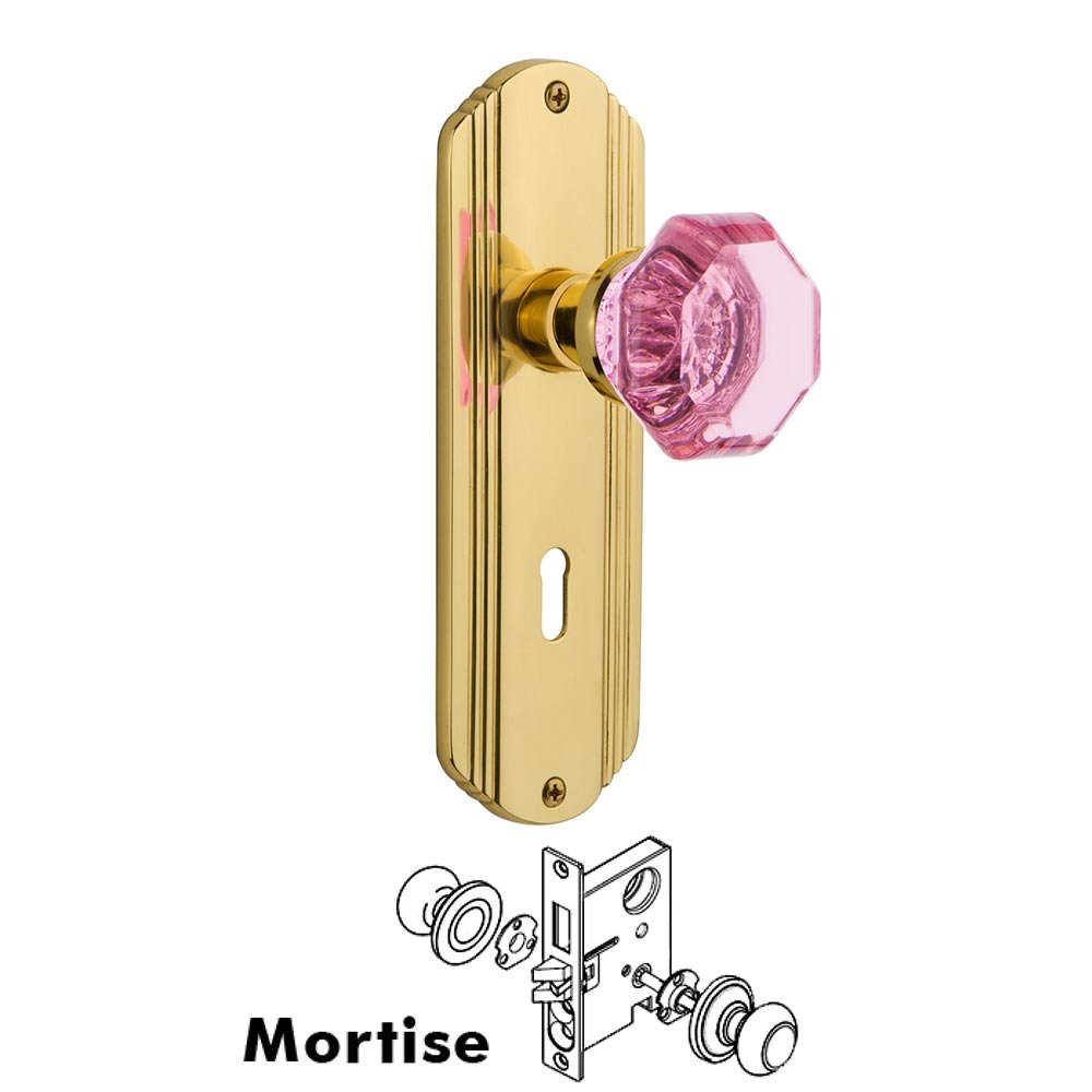 Nostalgic Warehouse - Mortise - Deco Plate Waldorf Pink Door Knob in Unlaquered Brass