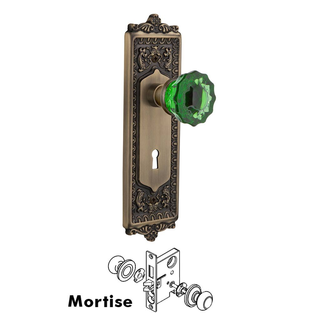 Nostalgic Warehouse - Mortise - Egg & Dart Plate Crystal Emerald Glass Door Knob in Antique Brass
