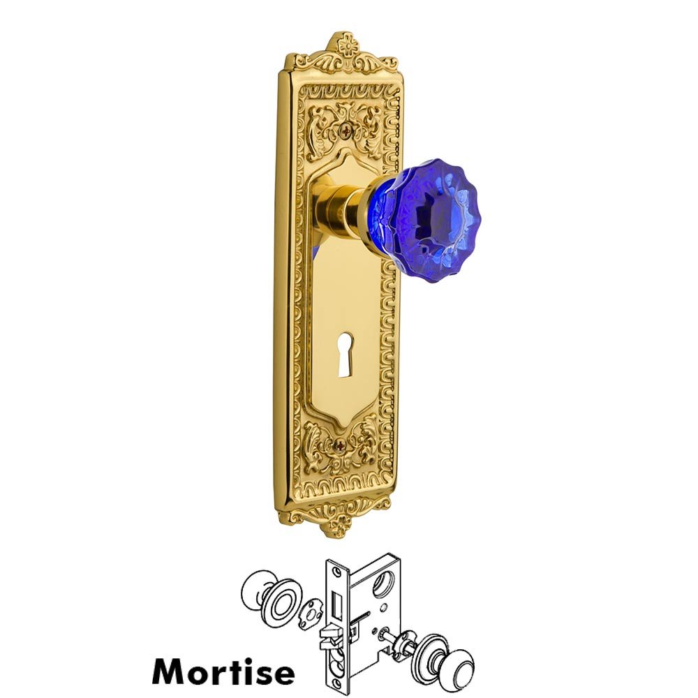 Nostalgic Warehouse - Mortise - Egg & Dart Plate Crystal Cobalt Glass Door Knob in Polished Brass