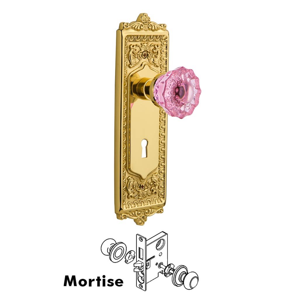 Nostalgic Warehouse - Mortise - Egg & Dart Plate Crystal Pink Glass Door Knob in Unlaquered Brass