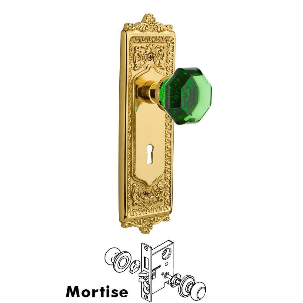 Nostalgic Warehouse - Mortise - Egg & Dart Plate Waldorf Emerald Door Knob in Polished Brass