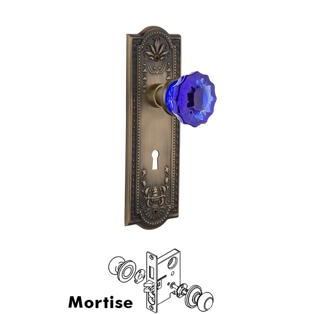 Nostalgic Warehouse - Mortise - Meadows Plate Crystal Cobalt Glass Door Knob in Antique Brass
