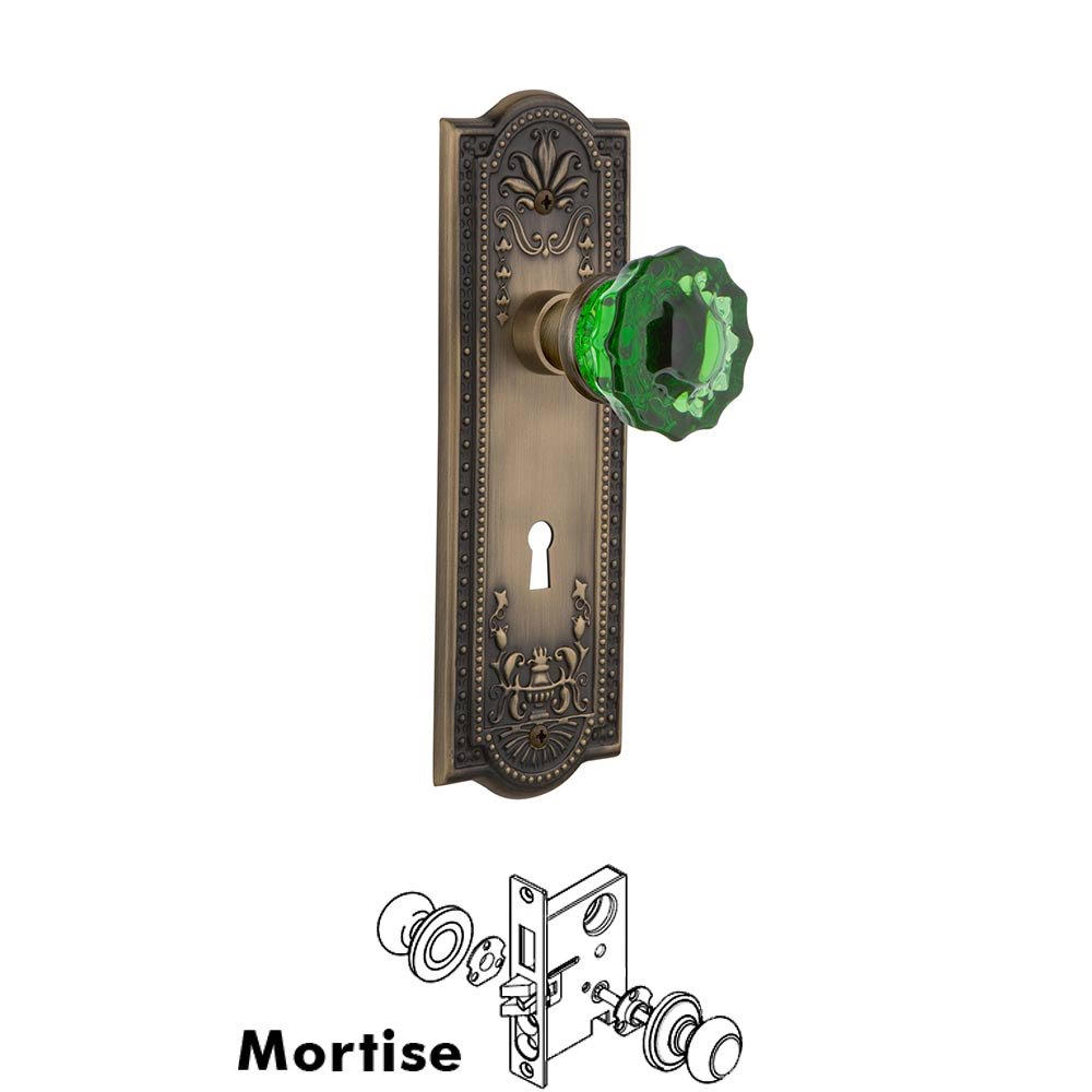 Nostalgic Warehouse - Mortise - Meadows Plate Crystal Emerald Glass Door Knob in Antique Brass