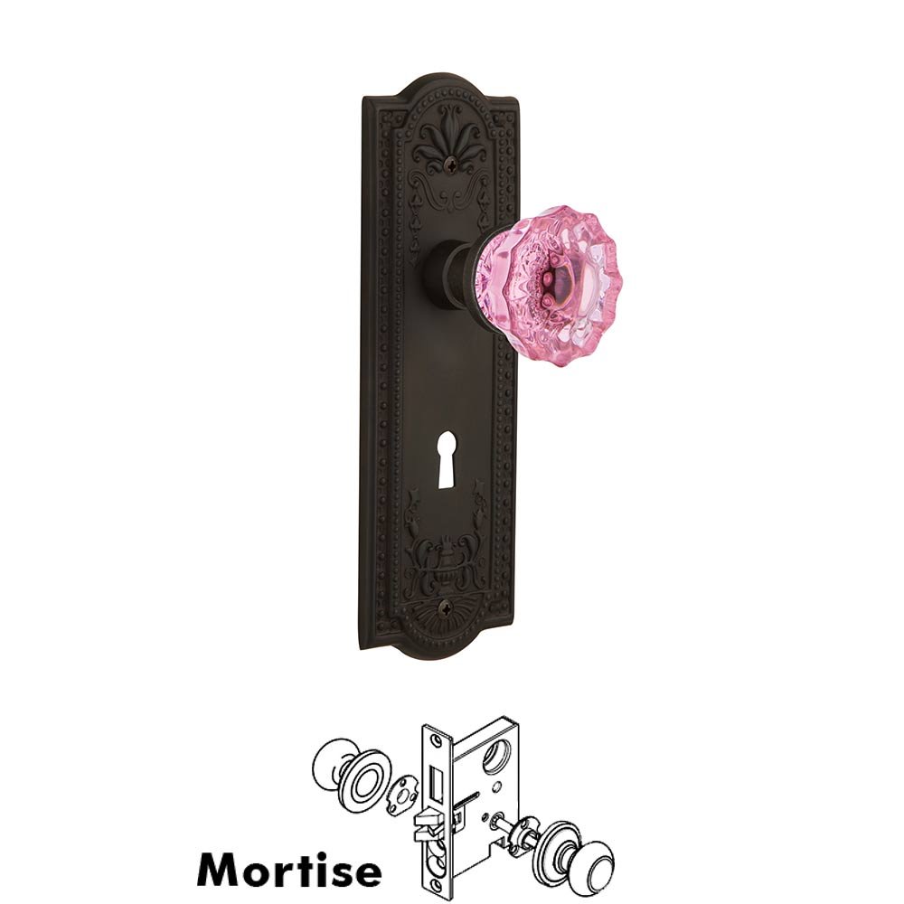Nostalgic Warehouse - Mortise - Meadows Plate Crystal Pink Glass Door Knob in Oil-Rubbed Bronze