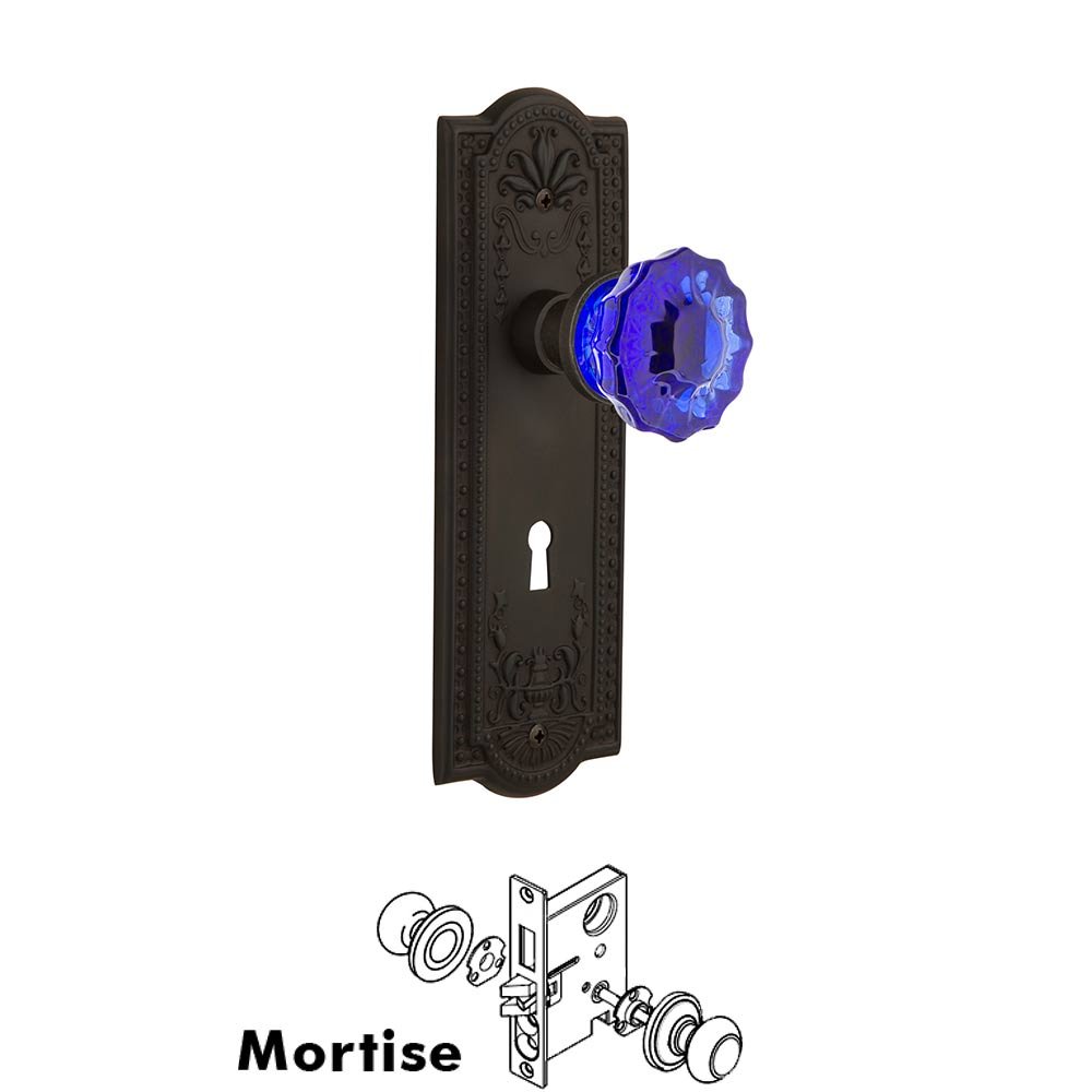Nostalgic Warehouse - Mortise - Meadows Plate Crystal Cobalt Glass Door Knob in Oil-Rubbed Bronze
