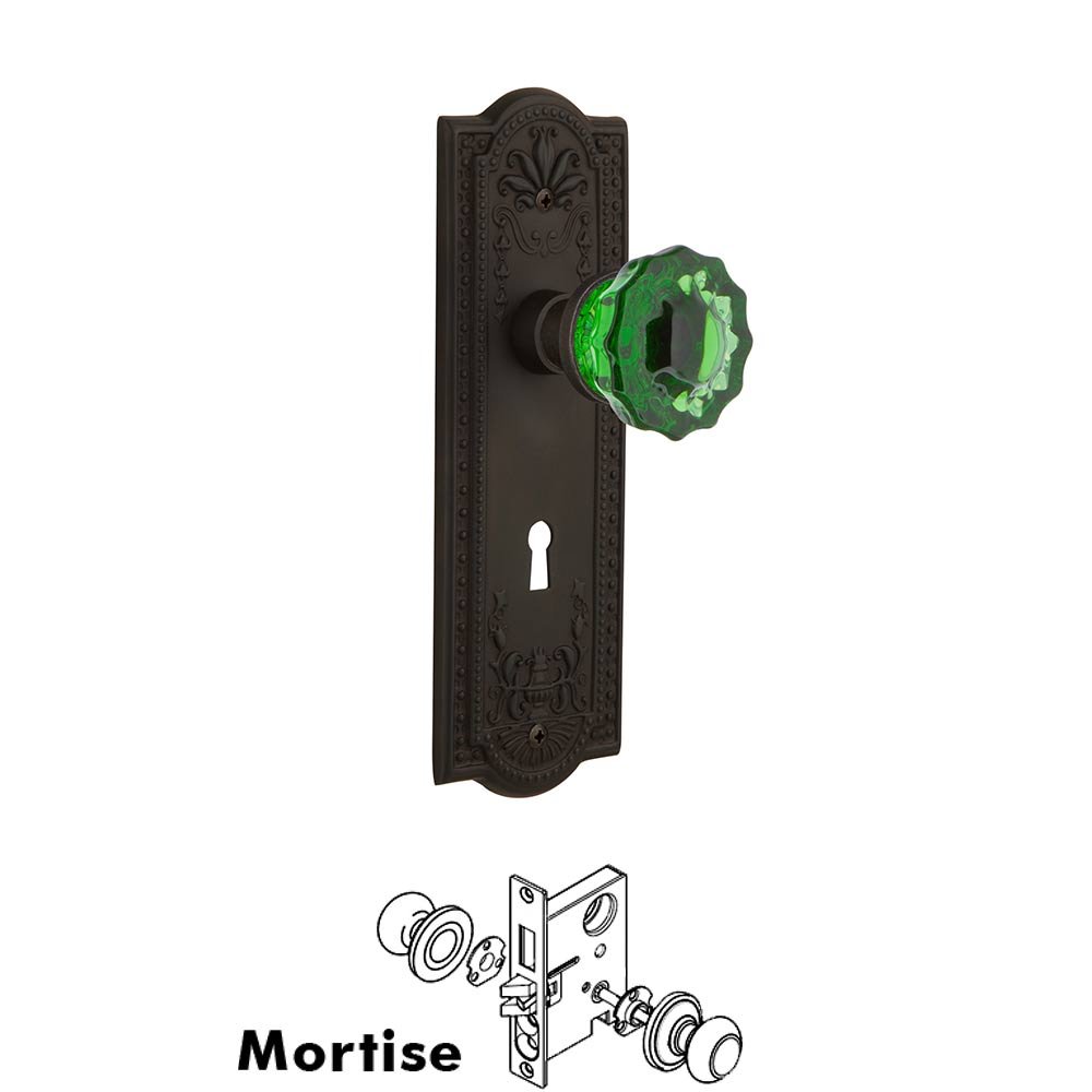 Nostalgic Warehouse - Mortise - Meadows Plate Crystal Emerald Glass Door Knob in Oil-Rubbed Bronze