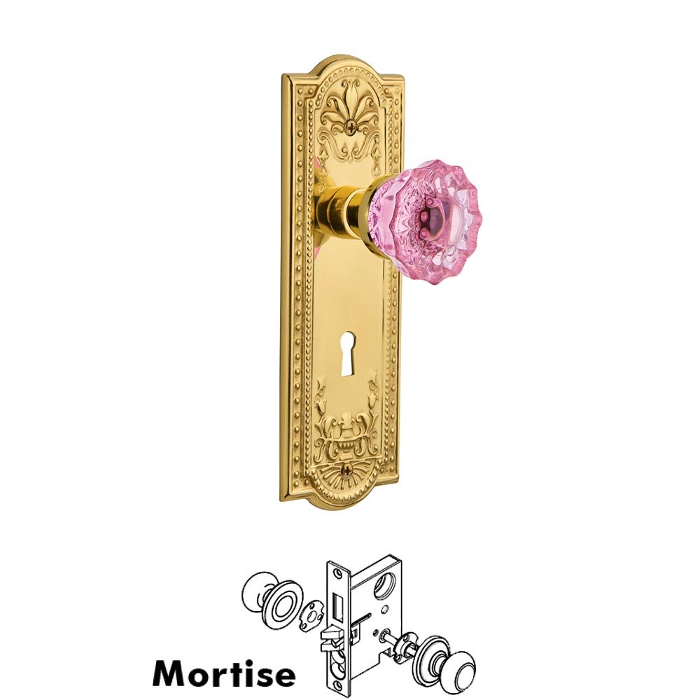 Nostalgic Warehouse - Mortise - Meadows Plate Crystal Pink Glass Door Knob in Polished Brass
