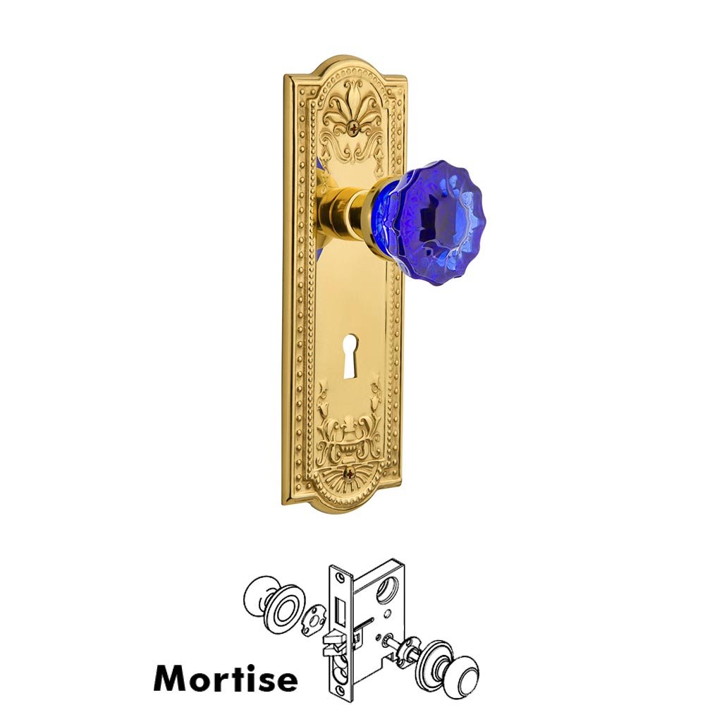 Nostalgic Warehouse - Mortise - Meadows Plate Crystal Cobalt Glass Door Knob in Polished Brass