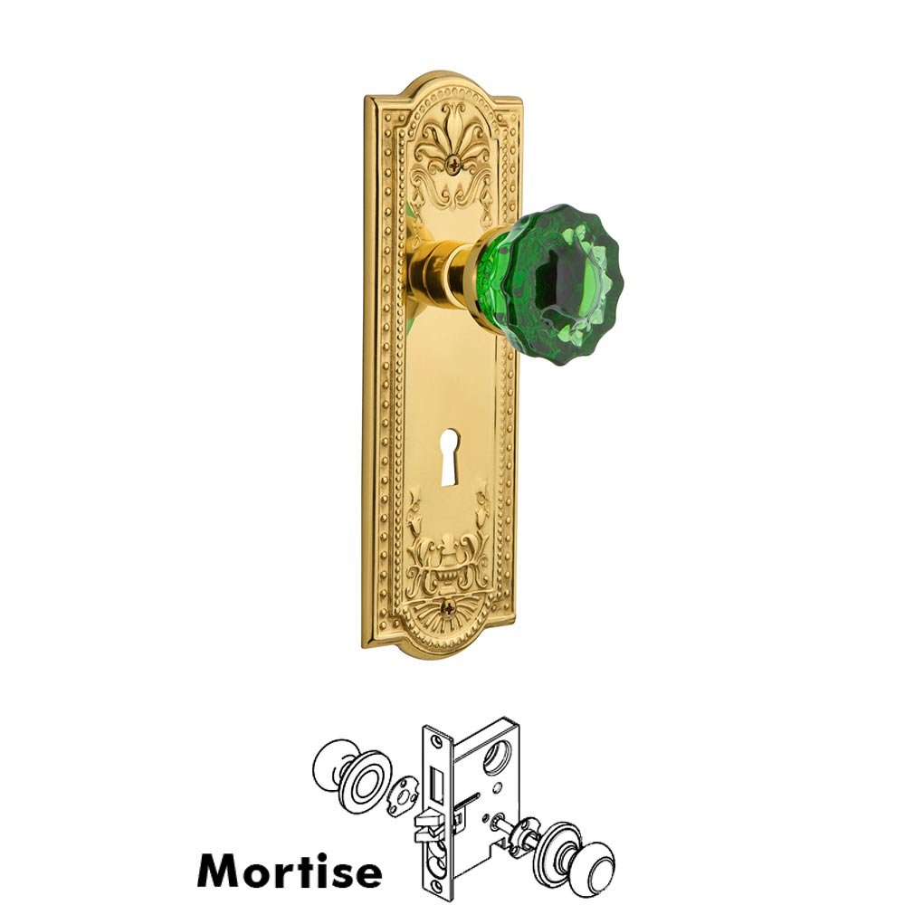 Nostalgic Warehouse - Mortise - Meadows Plate Crystal Emerald Glass Door Knob in Polished Brass