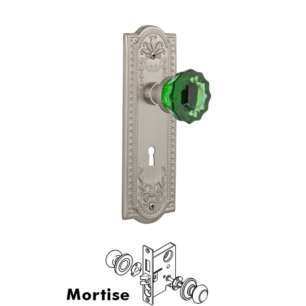 Nostalgic Warehouse - Mortise - Meadows Plate Crystal Emerald Glass Door Knob in Satin Nickel