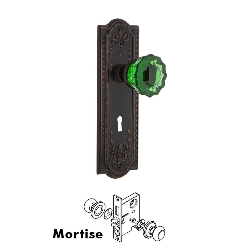 Nostalgic Warehouse - Mortise - Meadows Plate Crystal Emerald Glass Door Knob in Timeless Bronze