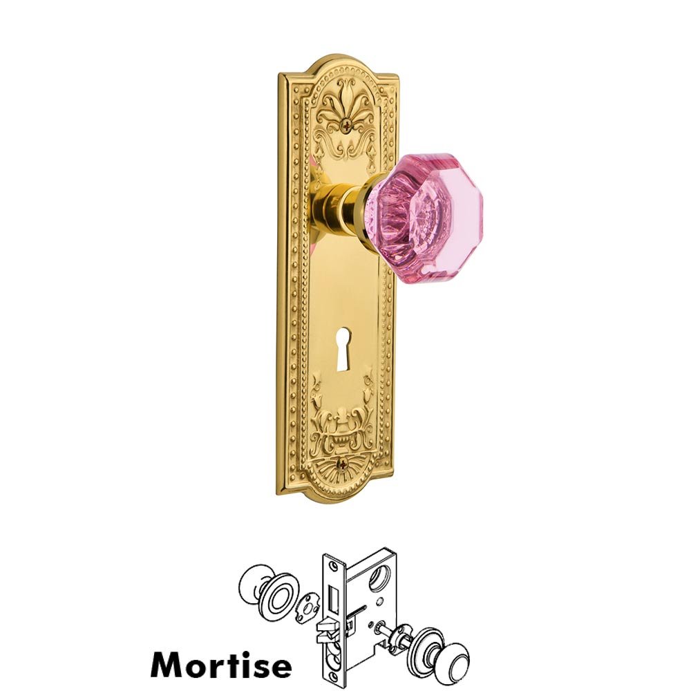 Nostalgic Warehouse - Mortise - Meadows Plate Waldorf Pink Door Knob in Polished Brass