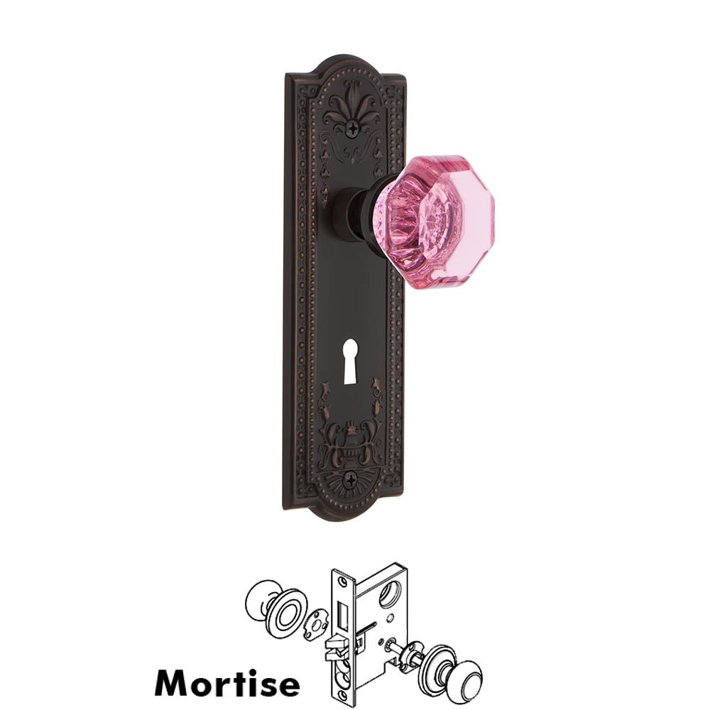 Nostalgic Warehouse - Mortise - Meadows Plate Waldorf Pink Door Knob in Timeless Bronze