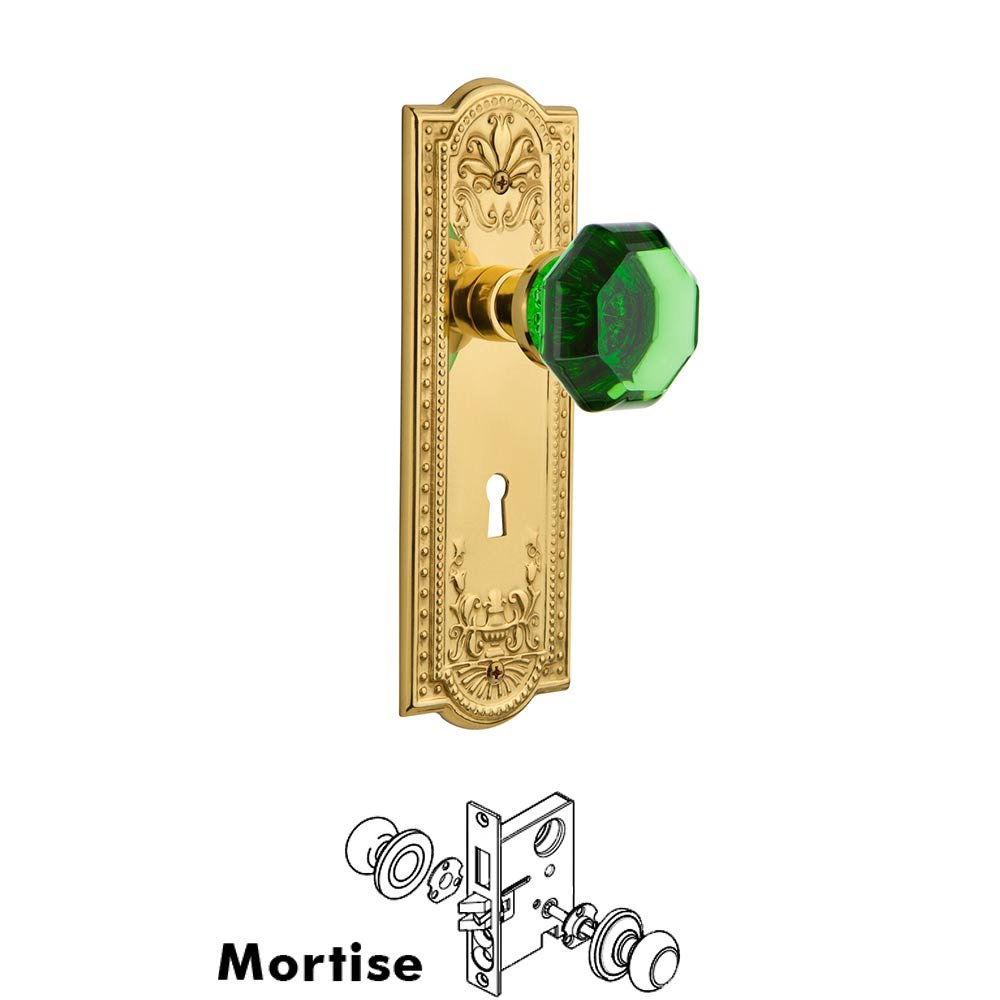 Nostalgic Warehouse - Mortise - Meadows Plate Waldorf Emerald Door Knob in Unlaquered Brass