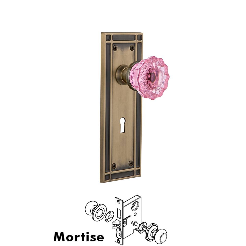 Nostalgic Warehouse - Mortise - Mission Plate Crystal Pink Glass Door Knob in Antique Brass