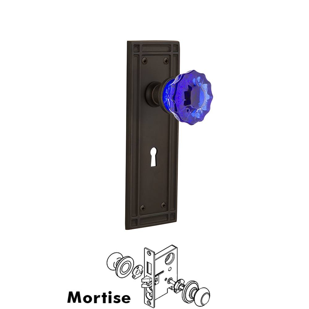 Nostalgic Warehouse - Mortise - Mission Plate Crystal Cobalt Glass Door Knob in Oil-Rubbed Bronze