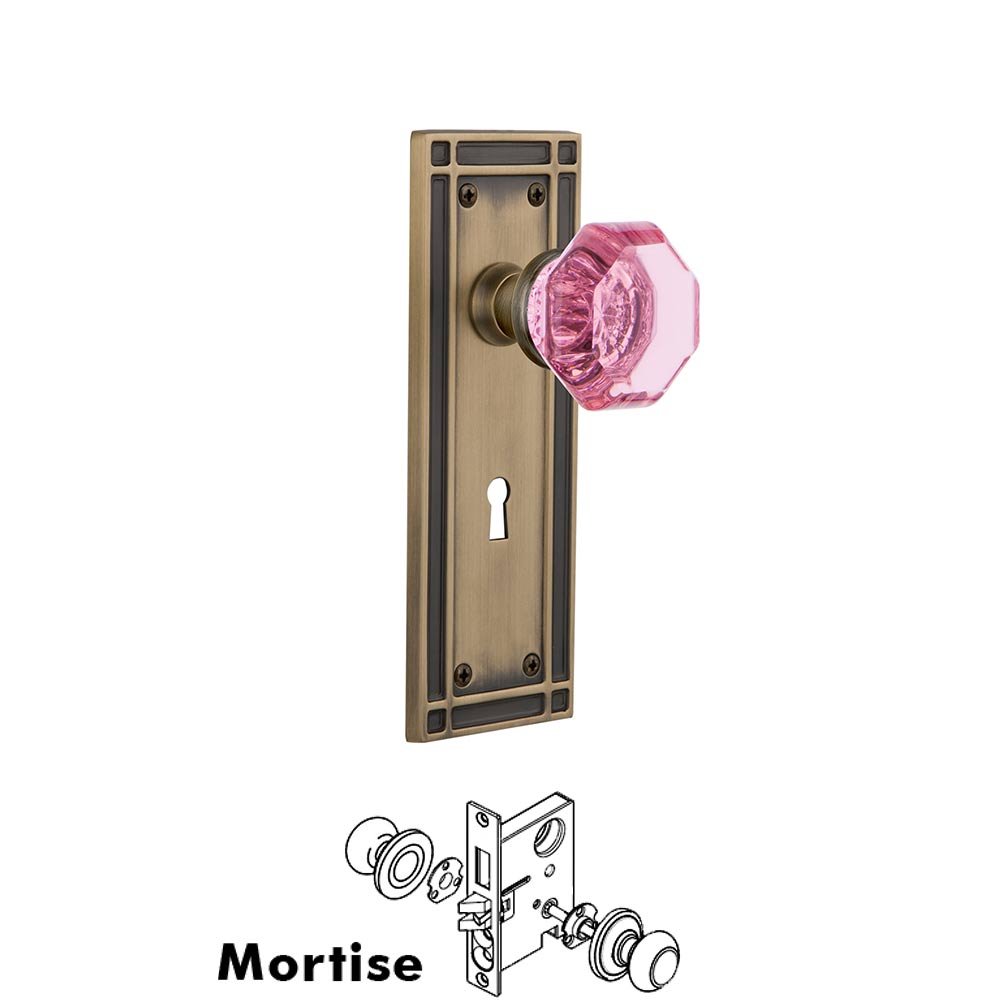Nostalgic Warehouse - Mortise - Mission Plate Waldorf Pink Door Knob in Antique Brass