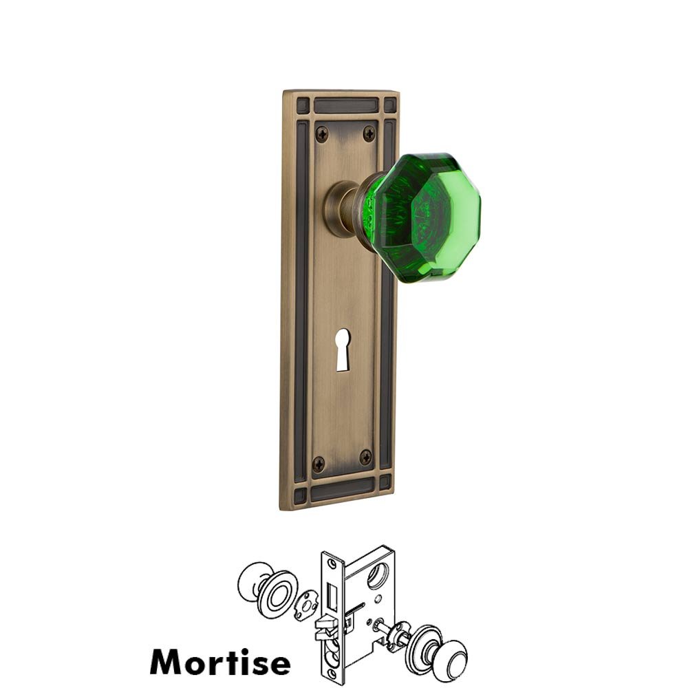 Nostalgic Warehouse - Mortise - Mission Plate Waldorf Emerald Door Knob in Antique Brass