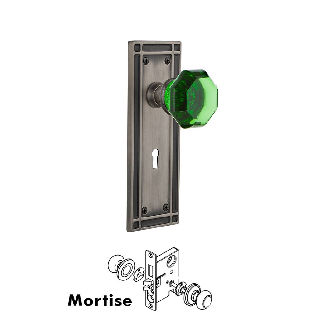 Nostalgic Warehouse - Mortise - Mission Plate Waldorf Emerald Door Knob in Antique Pewter