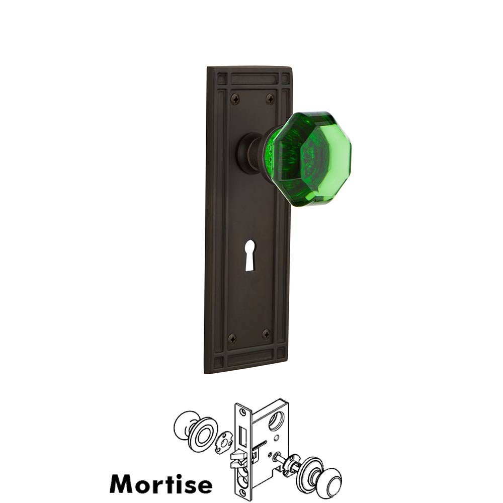 Nostalgic Warehouse - Mortise - Mission Plate Waldorf Emerald Door Knob in Oil-Rubbed Bronze
