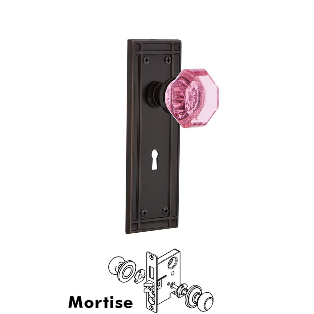 Nostalgic Warehouse - Mortise - Mission Plate Waldorf Pink Door Knob in Timeless Bronze