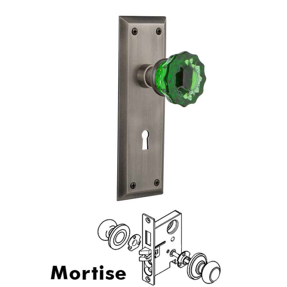 Nostalgic Warehouse - Mortise - New York Plate Crystal Emerald Glass Door Knob in Antique Pewter