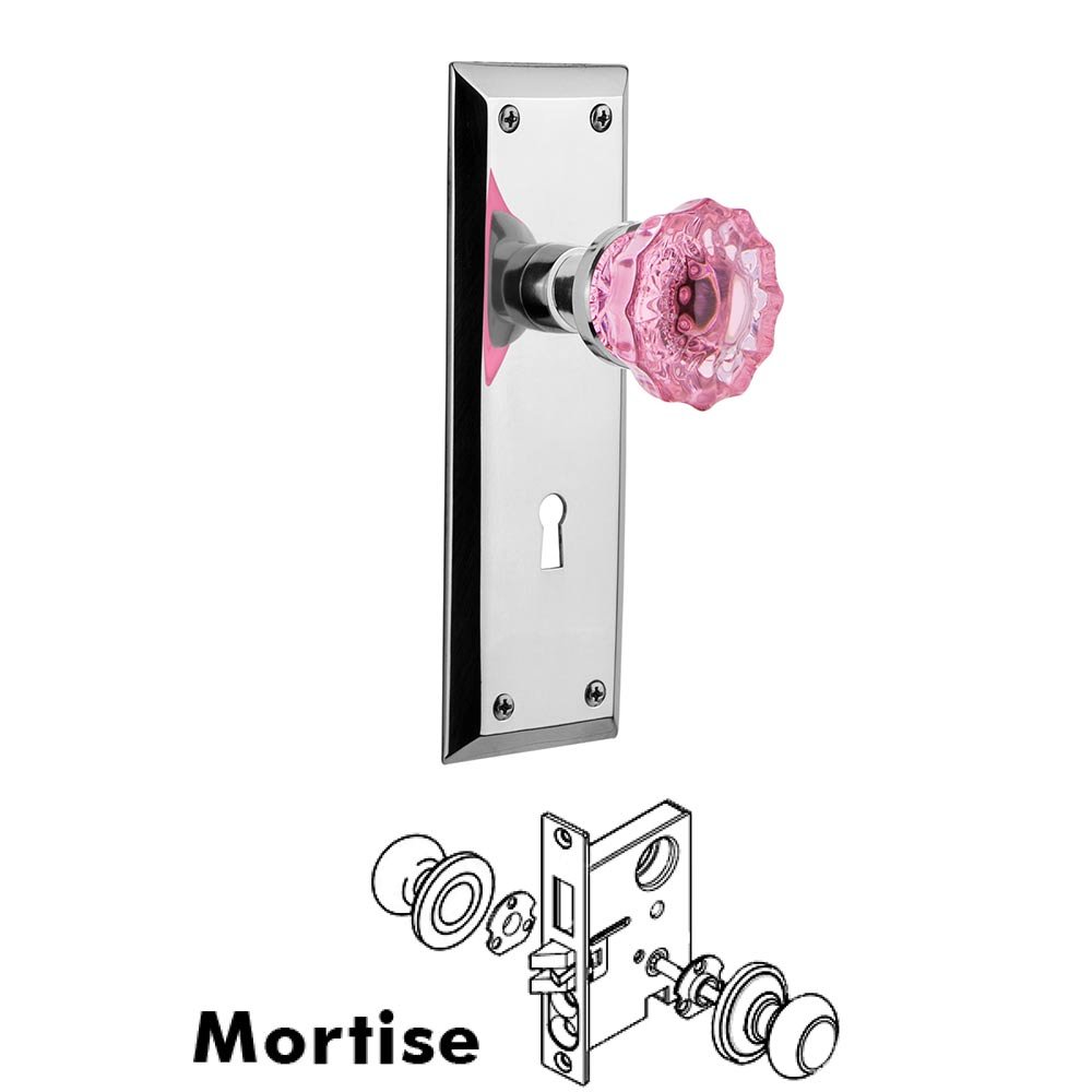 Nostalgic Warehouse - Mortise - New York Plate Crystal Pink Glass Door Knob in Bright Chrome