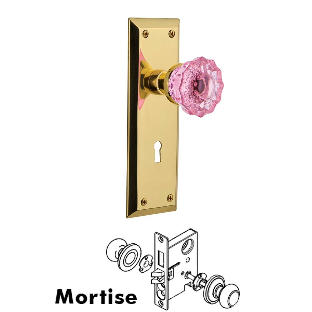 Nostalgic Warehouse - Mortise - New York Plate Crystal Pink Glass Door Knob in Polished Brass