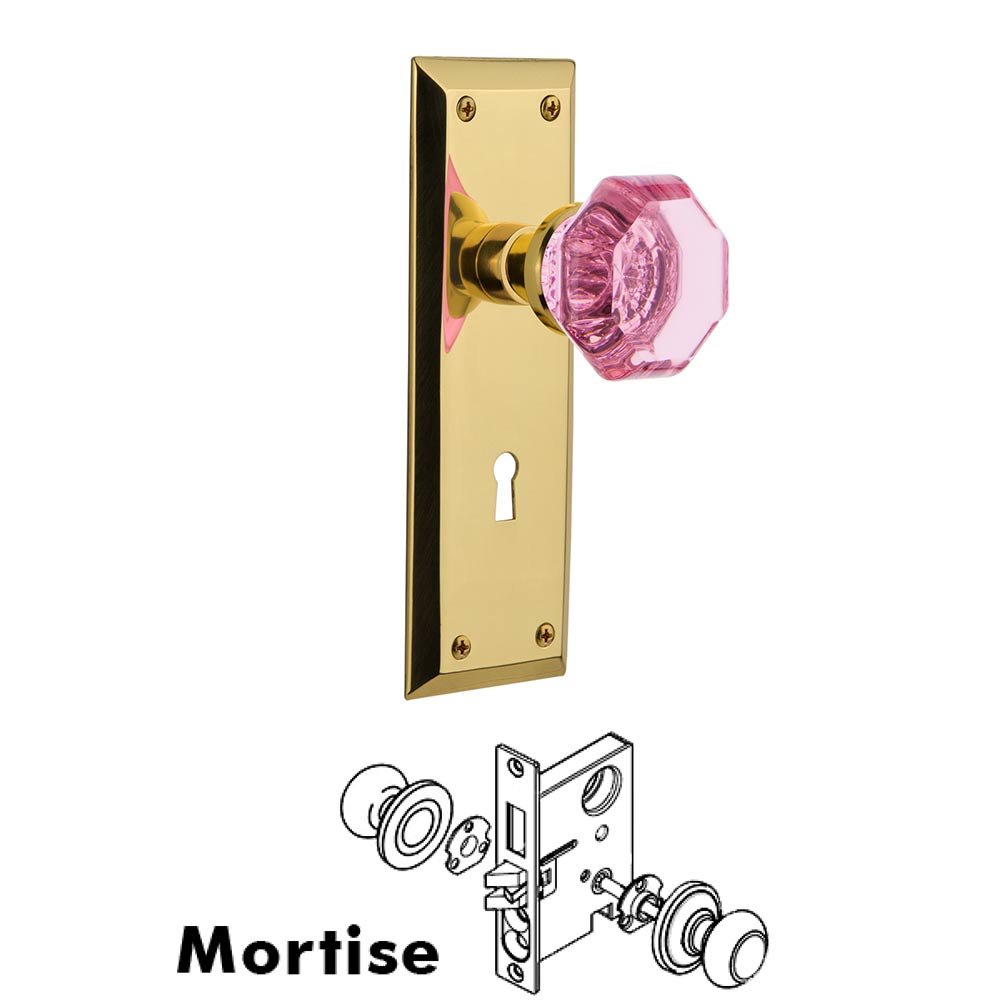 Nostalgic Warehouse - Mortise - New York Plate Waldorf Pink Door Knob in Polished Brass