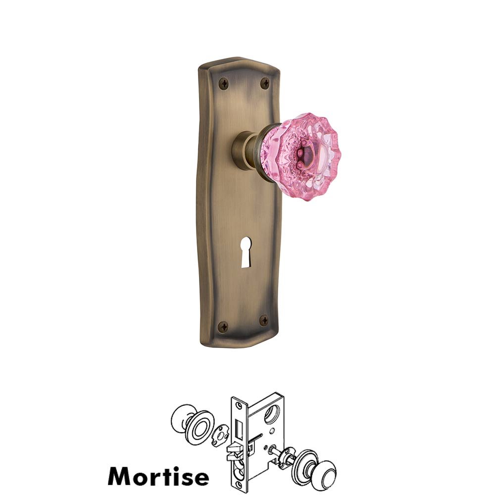 Nostalgic Warehouse - Mortise - Prairie Plate Crystal Pink Glass Door Knob in Antique Brass
