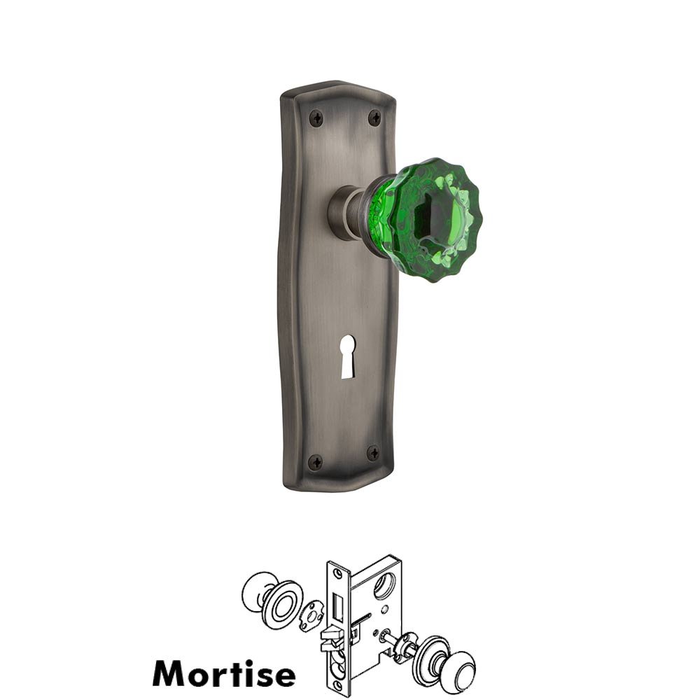 Nostalgic Warehouse - Mortise - Prairie Plate Crystal Emerald Glass Door Knob in Antique Pewter