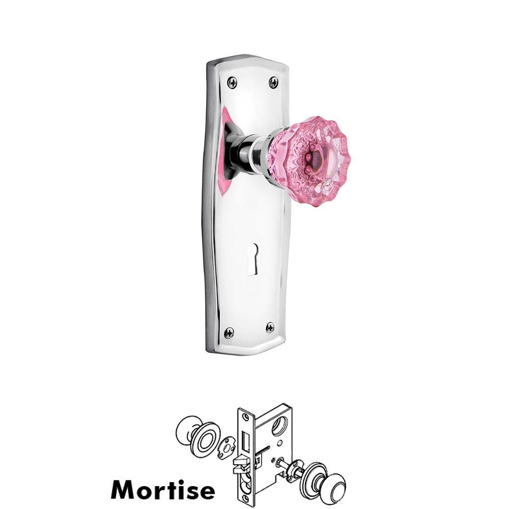 Nostalgic Warehouse - Mortise - Prairie Plate Crystal Pink Glass Door Knob in Bright Chrome