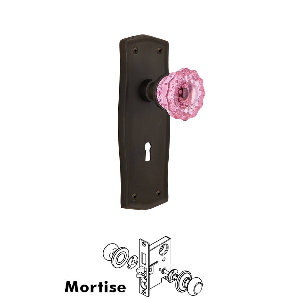 Nostalgic Warehouse - Mortise - Prairie Plate Crystal Pink Glass Door Knob in Oil-Rubbed Bronze