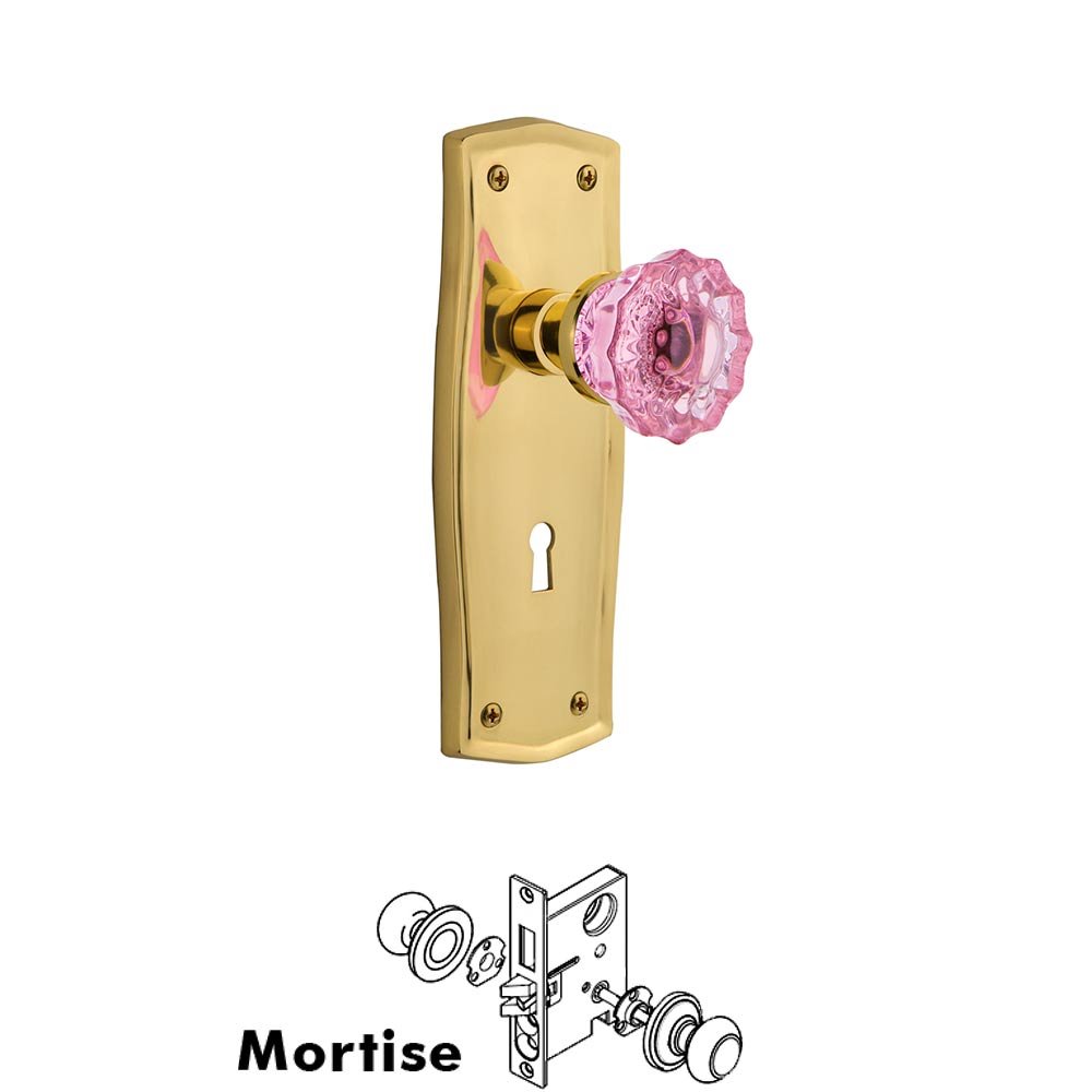 Nostalgic Warehouse - Mortise - Prairie Plate Crystal Pink Glass Door Knob in Polished Brass