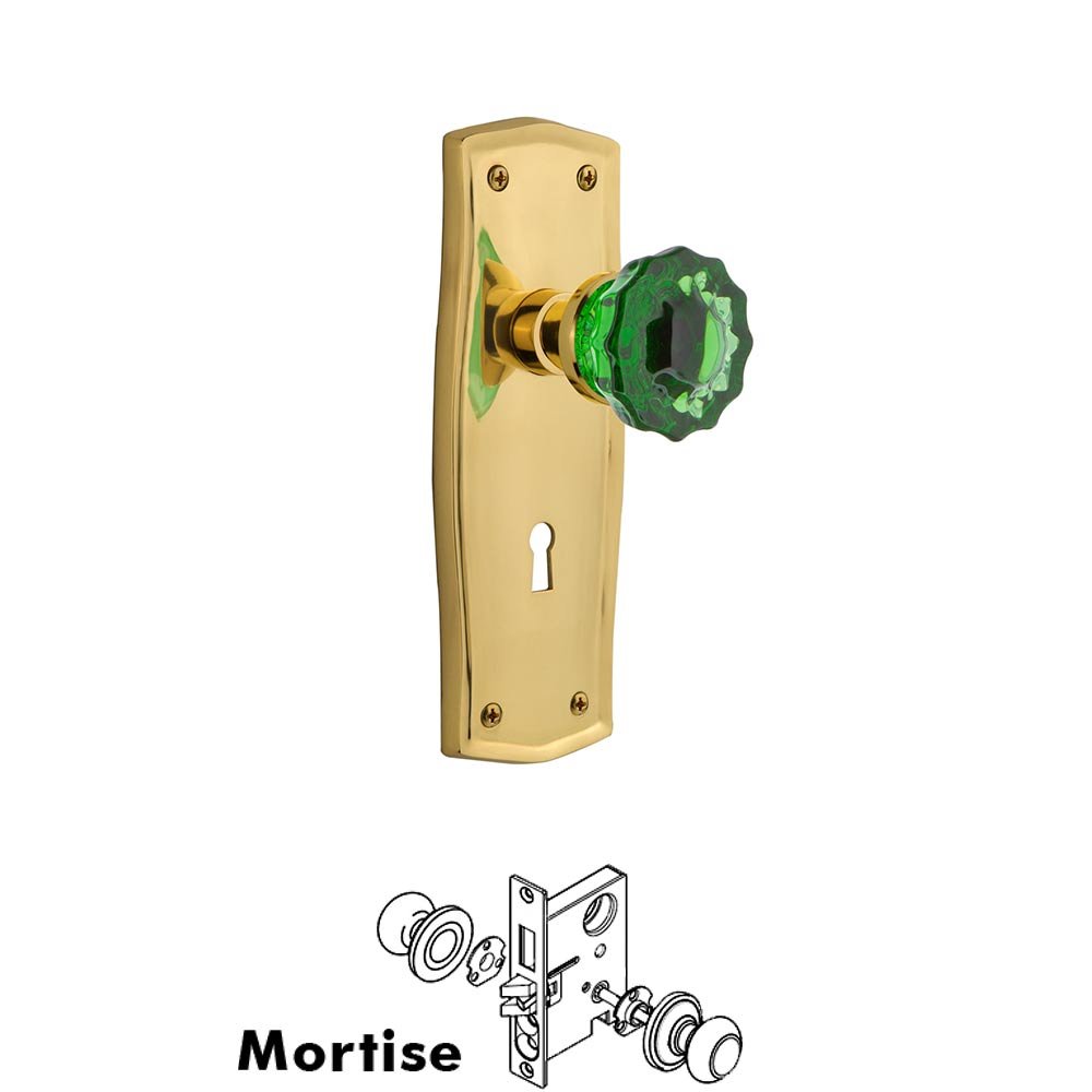 Nostalgic Warehouse - Mortise - Prairie Plate Crystal Emerald Glass Door Knob in Polished Brass